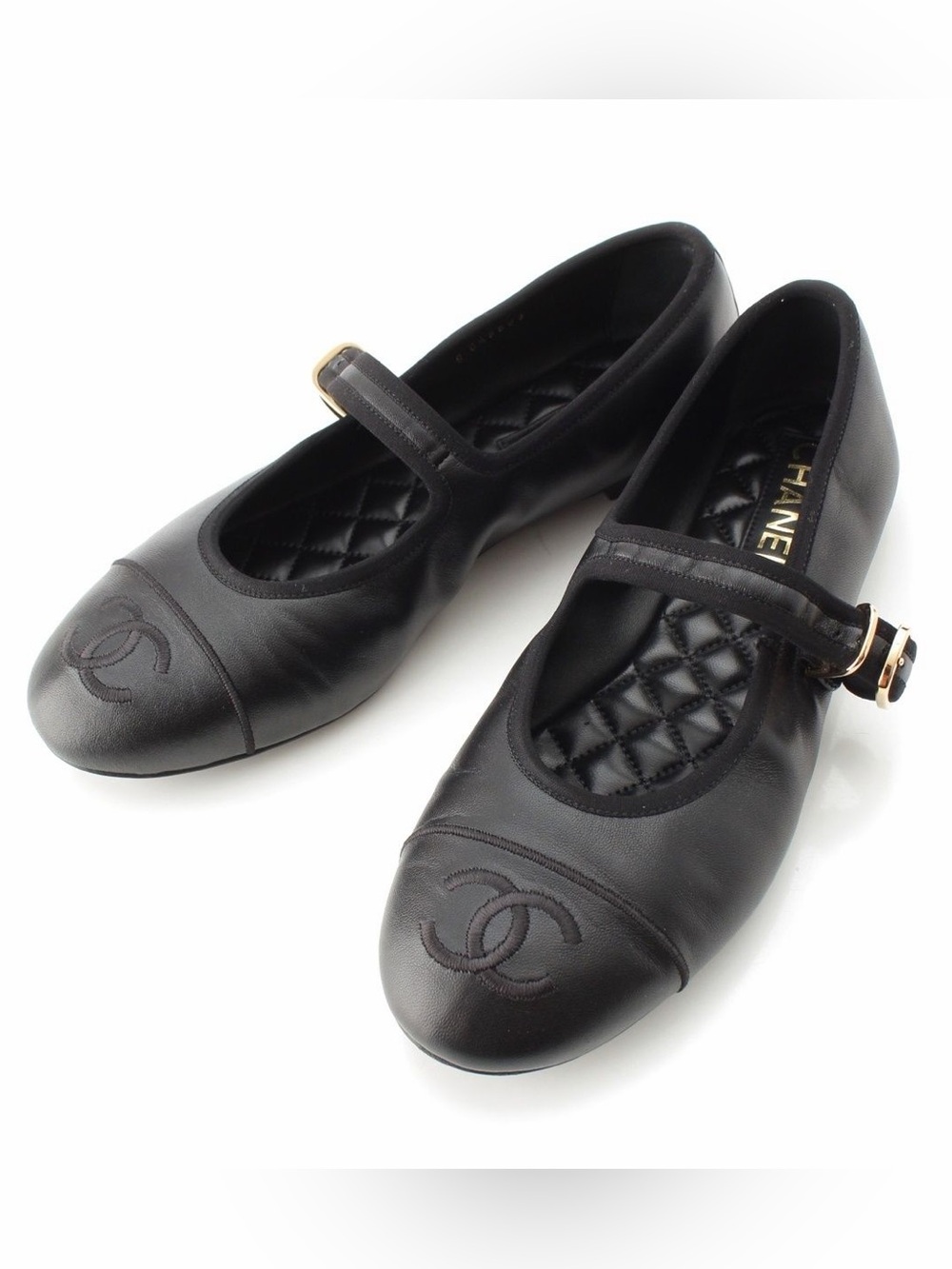 CHANEL Lambskin Mary Jane Flats / Size EU 38.5 Black Leather